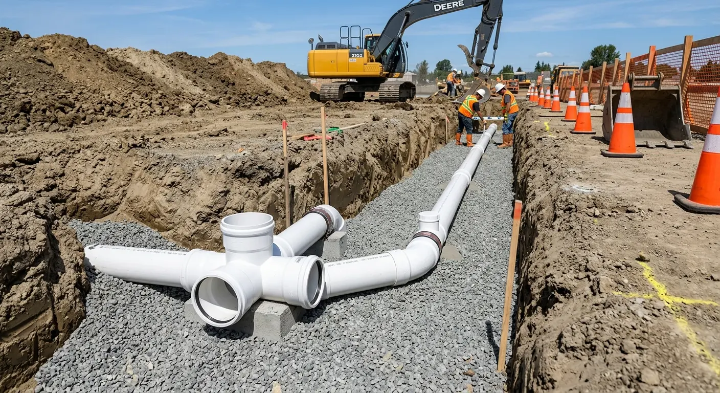 New PVC sewer pipe installation in open trench for Commercial Drain Cleaning in South Daytona