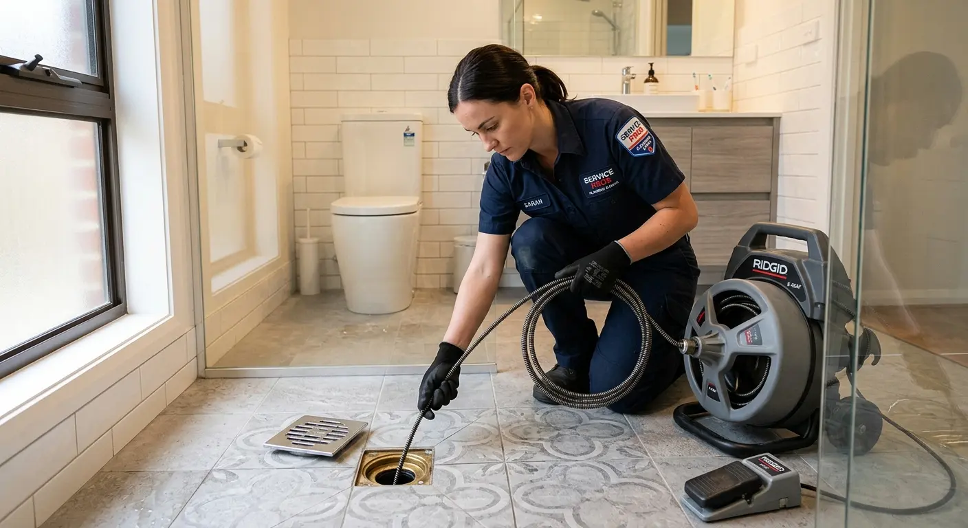 Technician clearing a bathroom floor drain for Hydro Jetting in South Daytona